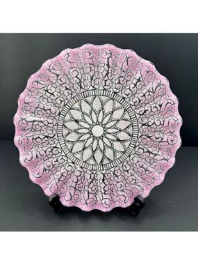 SYDENSTRICKER Embassy Pink Lace Ruffled Cake Plate Art Glass 12"